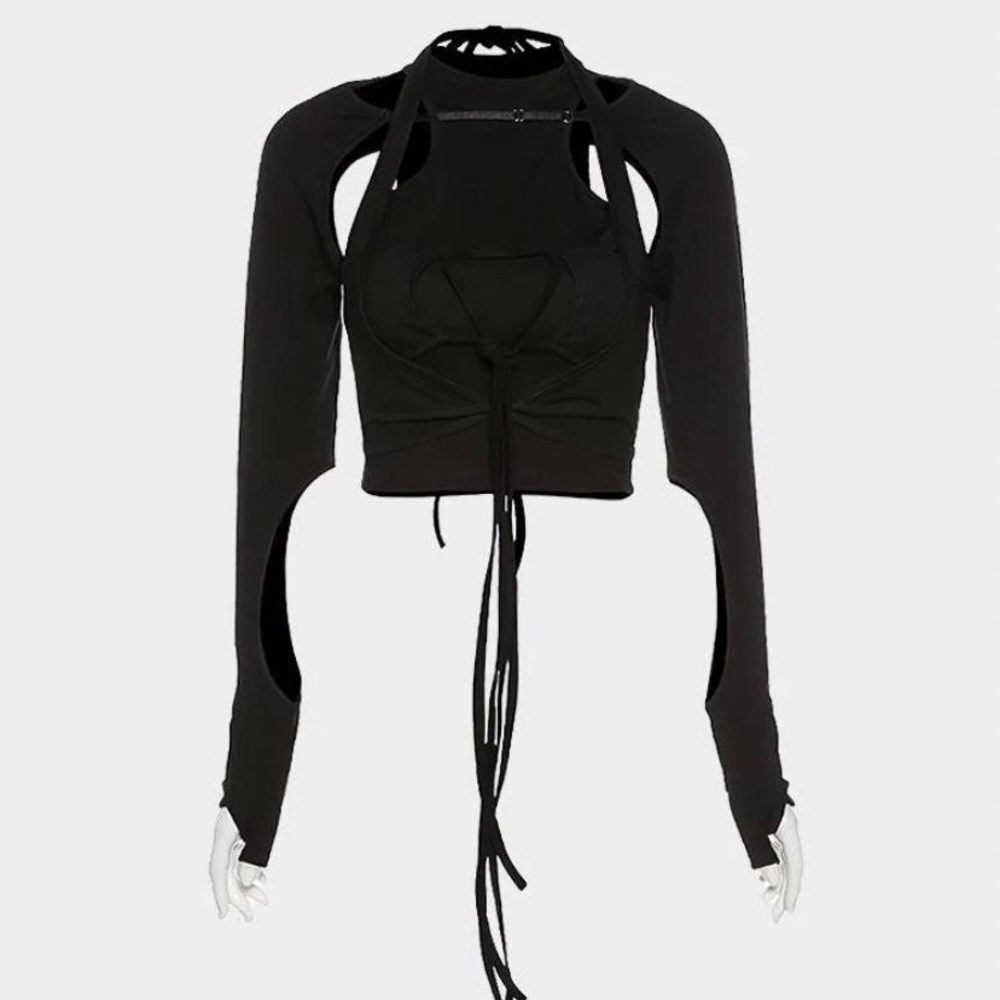 Hierarchical Hollow - Fake Two-Piece Hollow Tie Long Sleeve Black Festival Top